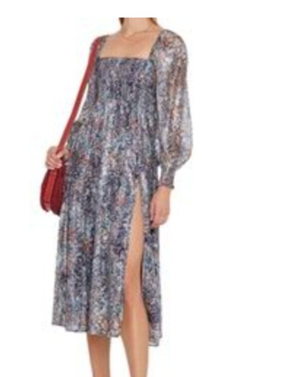 o.p.t Dresses & Skirts - O.P.T.  Metallic Floral Smocked Long Sheer Sleeve Midi Dress size Small